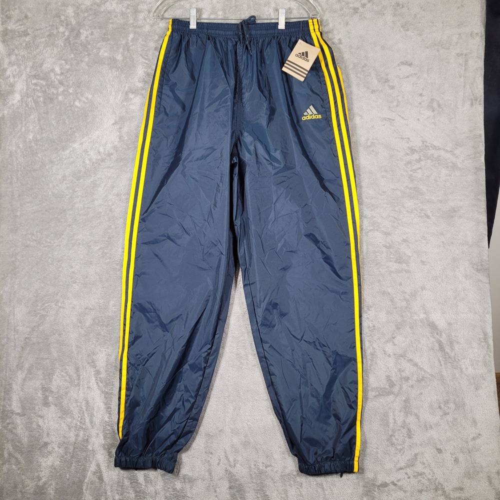 Vintage 90s Adidas Wind Pants Mens L Navy Blue Yellow Track Nylon NWT Deadstock
